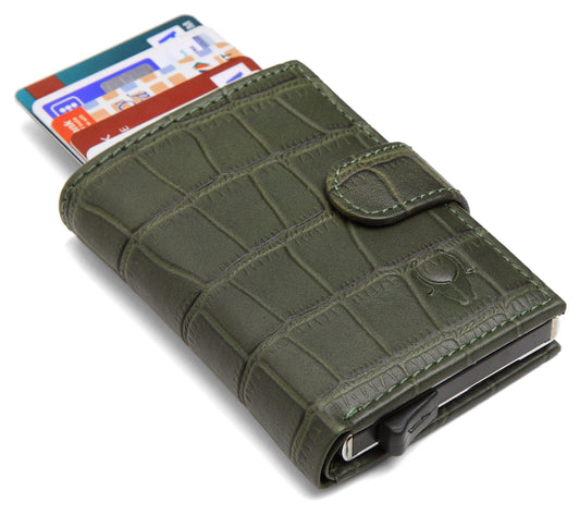 WildHorn® RFID Protected Unisex Genuine Leather Card Holder (Green Croco) - WILDHORN