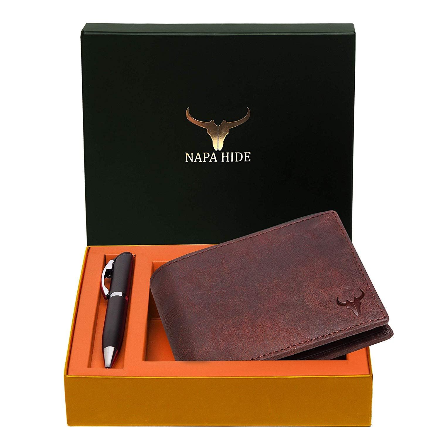 Napa Hide RFID Protected Genuine High Quality Leather Wallet & Pen Combo for Men (CRACKLE) - WILDHORN